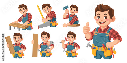 Friendly cartoon handyman character, skilled technician worker in overalls and plaid shirt, performing home improvement and maintenance tasks like sawing, hammering, and holding wood planks, a profess