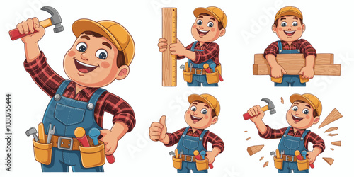 Happy cartoon carpenter character, a professional builder and smiling handyman performing woodworking tasks like measuring, hammering, and carrying timber planks, ideal vector illustration for constru
