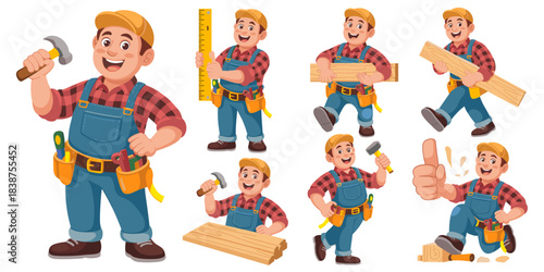 Cheerful construction worker character set vector illustration, depicting a happy professional tradesman and DIY handyman in various poses, measuring, carrying lumber, and using tools for home improve