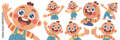Adorable cheerful toddler baby boy character vector illustration collection showing positive emotions like happiness, waving, smiling, giving thumbs up for playful kid's learning, nursery education, a