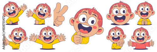 Cheerful kid avatar collection showing positive gestures like waving, thumbs up, and peace sign, a vibrant cartoon character illustration pack designed for web graphics, education, digital marketing,