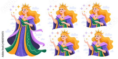 Majestic blonde fantasy queen or powerful sorceress casting a magical spell, elegantly dressed in a vibrant purple and emerald green regal gown and gold crown. Detailed flat vector character illustrat