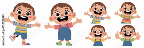 Adorable cheerful energetic young boy cartoon character vector set showing various happy expressions, approval gestures, and a wide welcoming hug; smiling toddler child collection perfect for positive