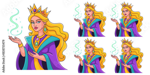 Elegant blonde sorceress or queen casting an enchanting green magical glow with sparkling stars from her outstretched hand, depicted in a bright vector cartoon illustration with a richly detailed purp