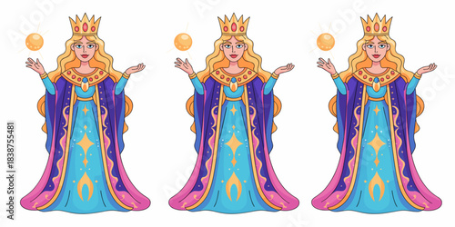 A beautiful blonde fantasy sorceress queen character, standing majestically in a flowing royal blue and purple gown, holding a glowing golden mystical orb; vibrant vector illustration of a powerful ce