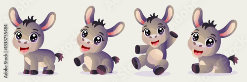 Adorable cartoon baby donkey character collection featuring four different playful poses, smiling gray foals with big kawaii eyes, isolated vector graphic illustration for cheerful children's book des