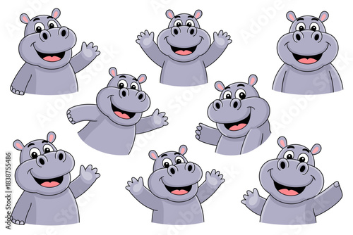 Adorable cartoon hippo characters vector set featuring eight different joyful purple hippopotamuses smiling widely and waving in greeting, isolated cute animal mascot collection for children's educati