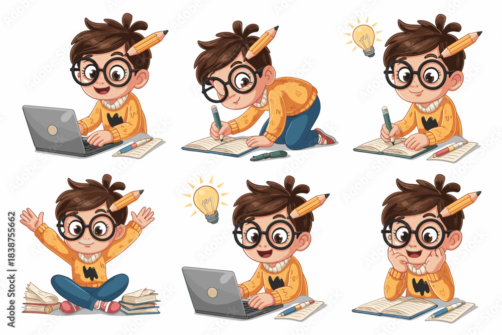 Fototapeta premium Friendly cartoon character collection of a cute schoolboy wearing round glasses and a yellow sweater, diligently studying, writing homework, happily sitting with books, and using modern digital techno
