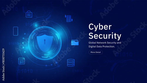 Cyber Security template banner. Global Network Security and Digital Data Protection concept. Futuristic blue background with shield, lock symbol, and binary code.