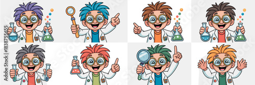 Colorful cartoon illustration vector graphic set featuring diverse happy young scientist boys holding various laboratory chemistry equipment like flasks and test tubes, promoting STEM education, schoo