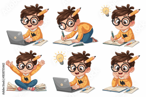 Friendly cartoon character collection of a cute schoolboy wearing round glasses and a yellow sweater, diligently studying, writing homework, happily sitting with books, and using modern digital techno