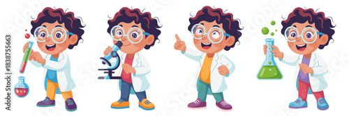 Enthusiastic young cartoon student scientist set performing chemistry experiments, using a microscope, and making a discovery, encouraging STEM education, scientific curiosity, and future innovation.