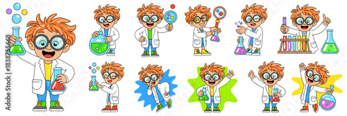 A cheerful cartoon young boy student scientist character enthusiastically performing chemistry experiments and holding various laboratory flasks, test tubes, and equipment in a dynamic vector illustra