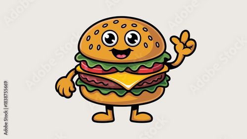 Playful cartoon hamburger mascot, a friendly fast food character standing and happily smiling with a peace gesture, representing delicious quality dining or quick takeaway service illustration, perfec