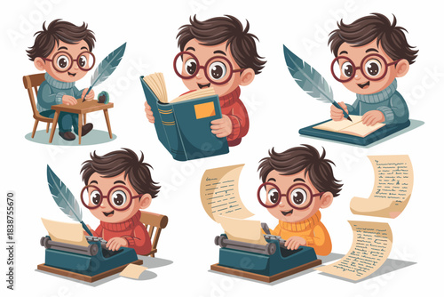 Adorable young student cartoon character diligently immersed in diverse literary activities, reading a textbook, writing prose with a classic feather quill, and operating a vintage typewriter, showcas