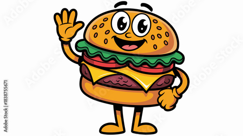 Adorable friendly happy cheeseburger character mascot vector cartoon illustration smiling and waving hello, perfect for restaurant branding, fast food marketing advertisements, and promotional materia