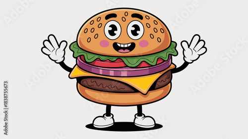 Cheerful vintage style cartoon burger character smiling broadly and welcoming customers, a fun, cute, retro illustration graphic featuring fast food ingredients like meat, cheese, lettuce, and tomato,