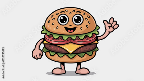 Cheerful and cute cartoon cheeseburger mascot character smiling and happily waving a welcoming greeting hand, a delicious fast food vector graphic illustration perfect for restaurant business promotio