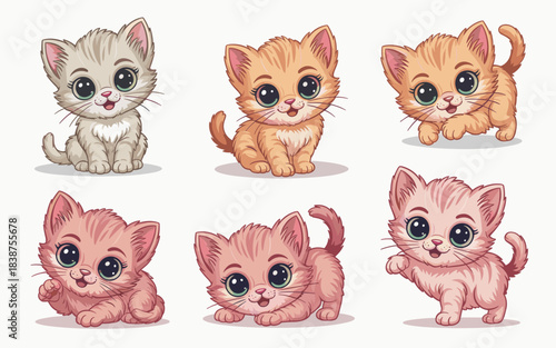 Charming collection of six adorable baby kittens vector cartoon illustrations in sweet, playful poses, including tabby gray, ginger orange, and blush pink felines, isolated on white for kids' marketin