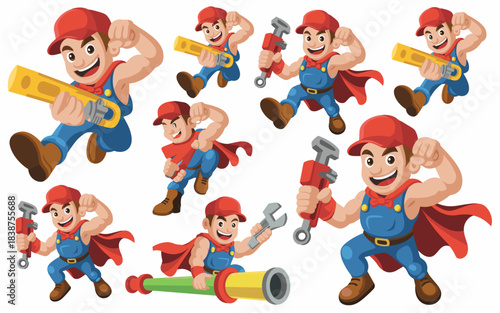 Energetic cartoon superhero construction worker or plumber tradesman flexing and running dynamically with wrench and level, showcasing fast home repair and professional maintenance services, powerful