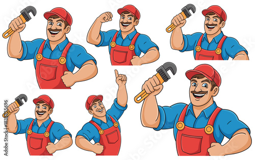 A cheerful and strong cartoon plumber or handy repairman mascot worker wearing red overalls and a cap, proudly holding an adjustable wrench tool while smiling confidently, illustrating home repair, re