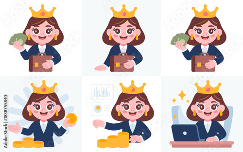 Successful cartoon queen businesswoman leader illustrating corporate financial growth management and investment strategy, showing money cash, gold coins, data analysis, and achievement goals in a chee