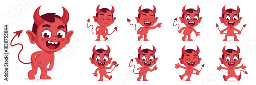 Adorable cartoon red devil character set displaying multiple playful poses, including smiling, waving, and winking, a friendly little demon imp vector illustration collection for Halloween, naughty mo