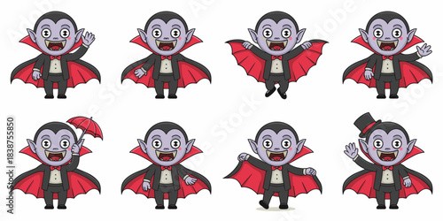 Cute chibi vampire character collection vector illustration set featuring eight different poses including waving, flying, jumping, and holding an umbrella, perfect friendly spooky mascot graphic resou