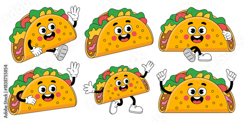 Cheerful cartoon taco food mascot characters set performing various happy actions like running, waving, and dancing, ideal vector illustration for Mexican restaurant advertising, fast food marketing,