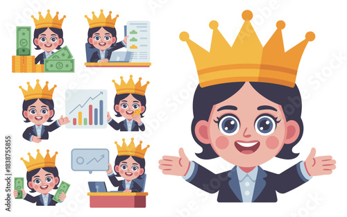 Confident cartoon business queen vector illustration showing massive financial success and market growth, managing office work, investment strategy, and presenting data analysis for professional femal