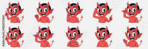 Adorable red devil imp character set performing multiple energetic poses and happy, expressive hand gestures like victory sign and thinking pose, stylized flat vector illustration for playful digital