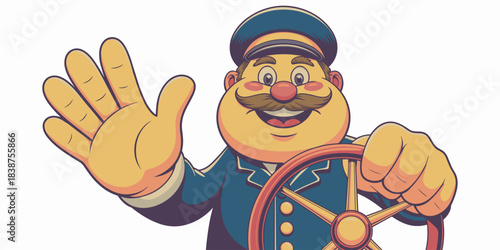 Cheerful friendly cartoon captain mascot wearing a vintage blue uniform and professional cap, smiling widely and waving hello to welcome passengers while navigating and steering a large ship wheel, a
