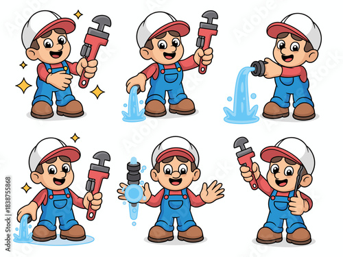 Friendly professional cartoon plumber worker mascot showing effective maintenance and reliable fixing solutions for water leakage issues, holding an adjustable pipe wrench tool for repair service prom