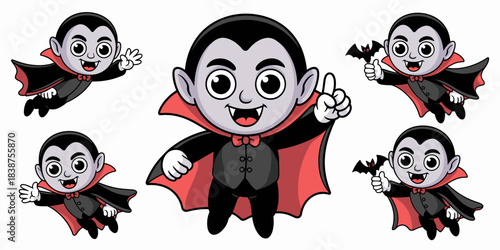 Adorable friendly cartoon chibi baby vampire character vector set in multiple poses: flying, pointing, waving, and holding a small black bat decoration; cute mascot wearing a classic black suit and dr