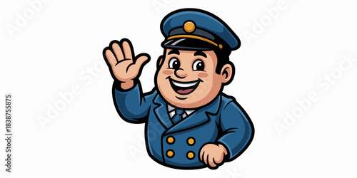 Welcoming cartoon professional service attendant character mascot illustration in a detailed blue uniform and captain hat, happily waving and giving a friendly greeting, symbolizing reliable customer