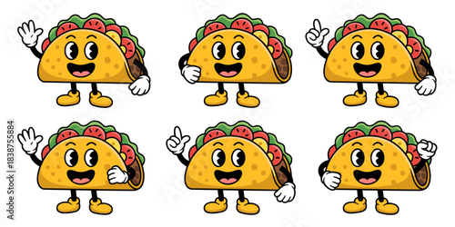 Delightful collection of six anthropomorphic hard-shell taco cartoon mascots posing with friendly, expressive faces, rendered in a vintage retro rubber hose animation style perfect for cheerful Mexica