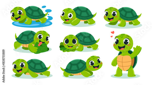 Adorable baby turtle cartoon character vector illustration set showing nine different cute poses including walking, swimming, waving hello, smiling, hiding in shell, and happily playing; a cheerful re