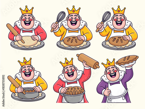 Cheerful king baker character mascot vector illustration set showing the detailed culinary process of preparing, mixing, and cooking dough, ingredients, and pies, demonstrating kitchen expertise for f