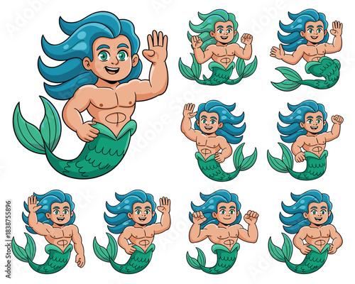 Detailed cartoon merman character illustration set showing nine different poses, including friendly waving, strong confident flexing, and joyful greeting, featuring a handsome muscular male with flowi