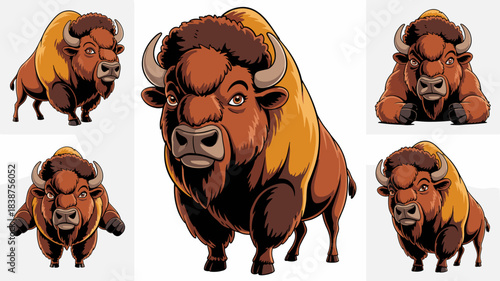 Cartoon vector graphic collection of majestic American bison, strong buffalo illustrations in multiple poses for commercial advertising, educational resources, sports team mascot branding, wildlife co