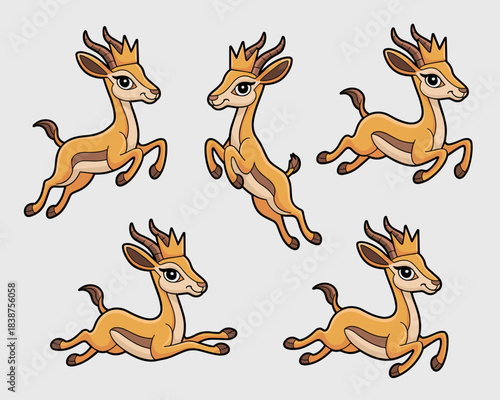 Cute cartoon gazelle antelope fawn characters leaping, running, and jumping dynamically, set against a plain background; energetic wildlife safari animal mascot vector illustration suitable for educat