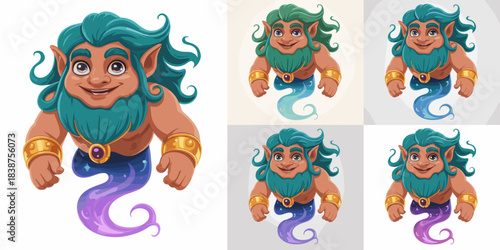 Cheerful mythological male djinn or elemental water spirit floating happily, adorable detailed vector cartoon character with flowing turquoise hair and beard, magical fantasy illustration for game des