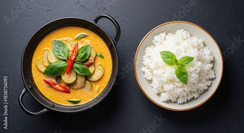 Aromatic and spicy coconut milk based Thai curry dish, showcasing fresh herbs and vegetables, ready to be enjoyed as a main course meal ,lunch ,jasmine rice ,soup
