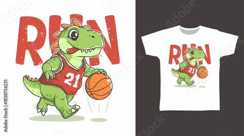 Dinosaur run play basketball illustration hand drawn, vector ready for print on t-shirt and other uses.