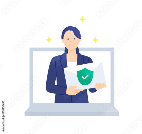 情報漏洩を防ぐ 緑の盾とチェックマーク 安全なメールを届ける女性のイラスト素材