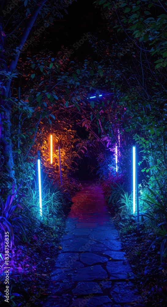 Obraz premium Eerie and vibrant psychedelic garden scene at night illuminated by glowing neon lights, futuristic ultraviolet decorations, and dense foliage ,glowing ,intense ,futuristic
