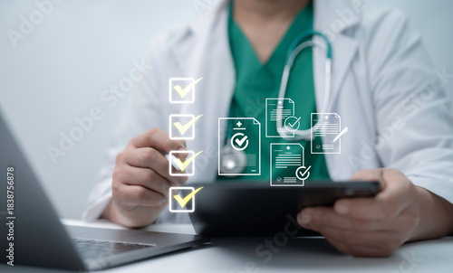 Healthcare professional managing digital checklist and medical documents, highlighting efficient workflow organization technology driven task verification and improved clinical documentation processes