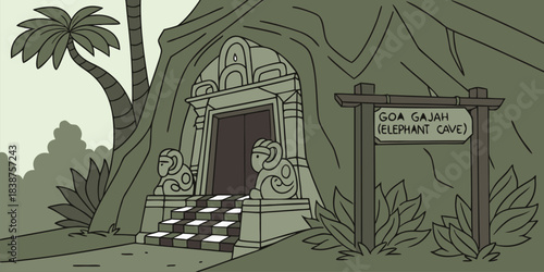 Stylized Cartoon Illustration of Goa Gajah Elephant Cave Entrance in Bali Indonesia
