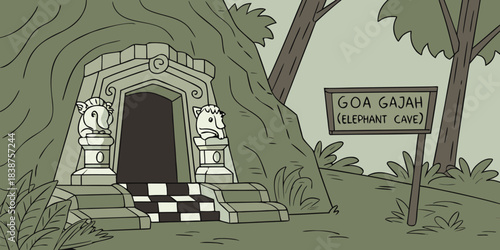 Stylized Cartoon Illustration of Goa Gajah Elephant Cave Entrance in Bali Indonesia