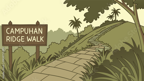 Illustrated Signpost for Campuhan Ridge Walk in Bali Indonesia Winding Green Path